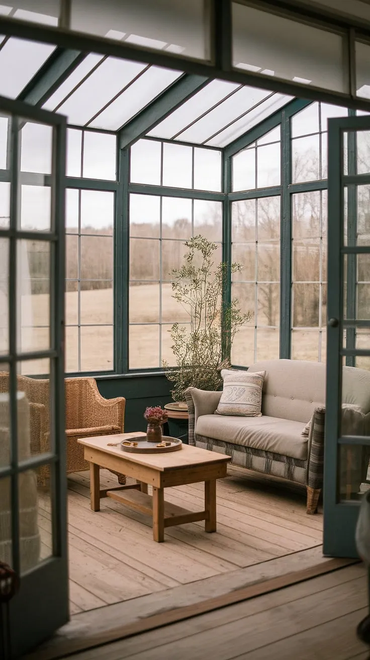 Sunlight streams through the glass walls of this rustic sunroom, illuminating comfortable furniture and a peaceful view. The aged wood floors and a potted plant add to the charming, inviting atmosphere. A perfect spot for quiet contemplation and enjoying the beauty of nature.