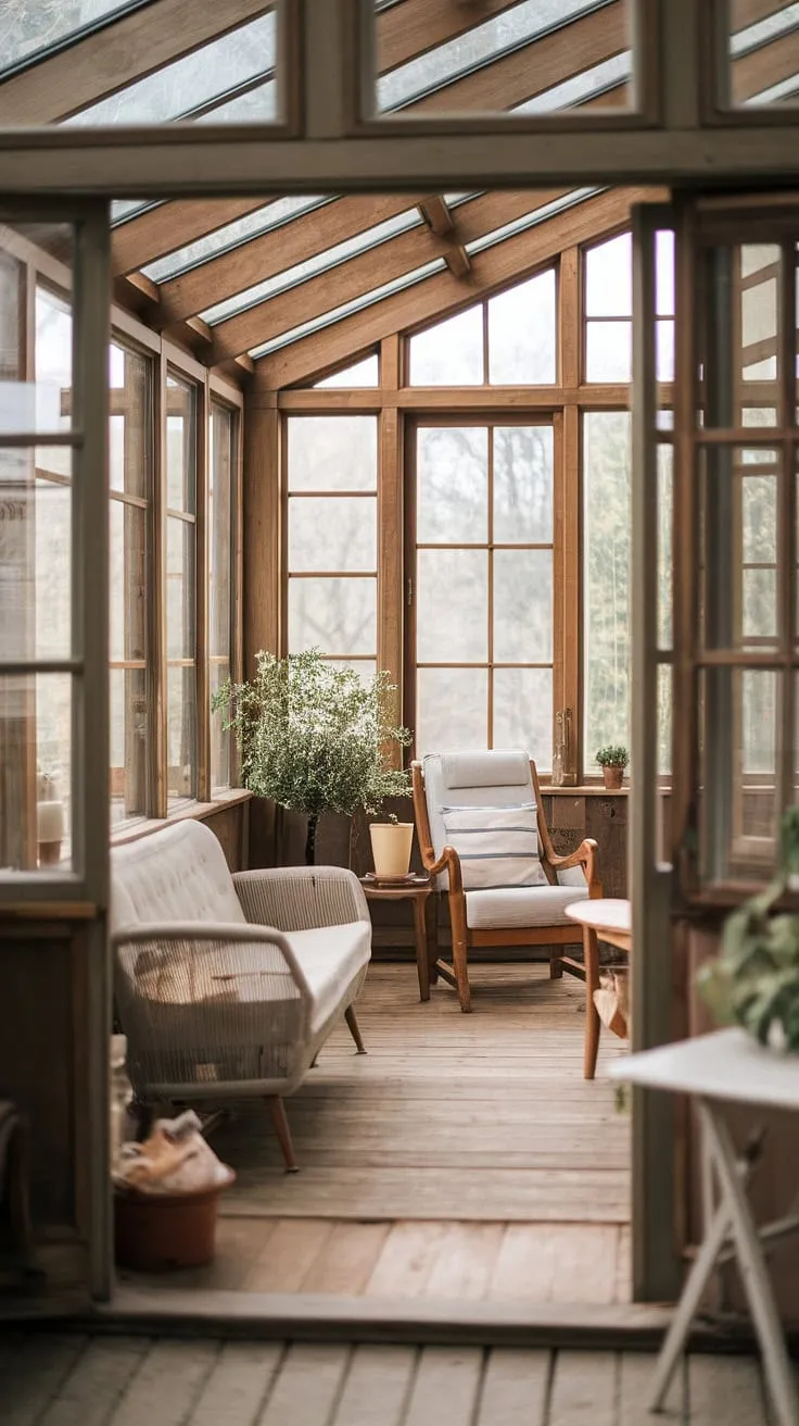 Sunlight streams through the aged glass walls of this rustic sunroom, illuminating the worn wood floors and comfortable furniture. A perfect spot for quiet contemplation and enjoying the simple pleasures of life. A sanctuary of peace, a haven from the world, a testament to enduring charm.