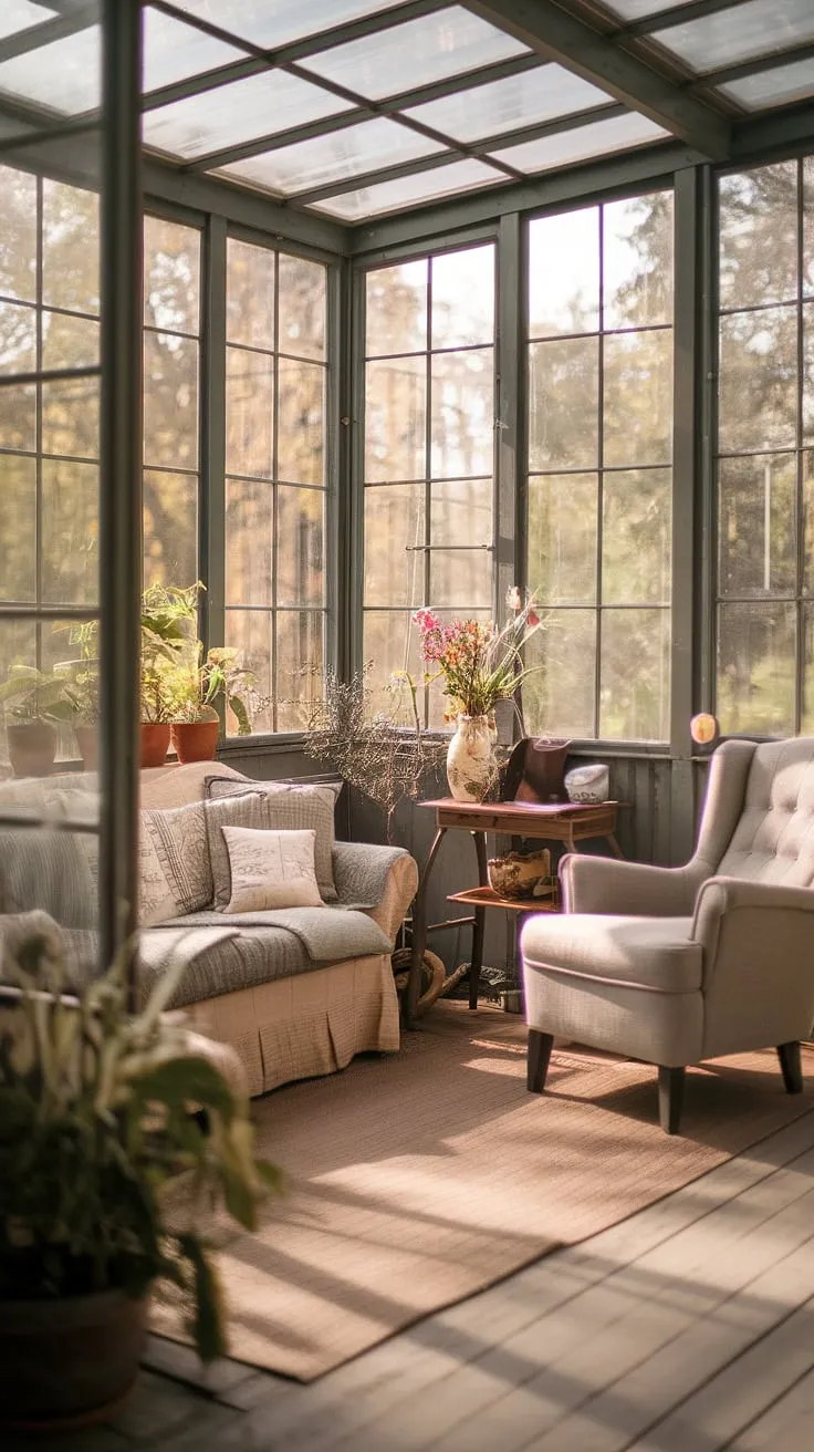 Sunlight streams through the aged glass walls of this rustic sunroom, illuminating the cozy furniture and vibrant plants. A perfect spot for quiet contemplation and enjoying the simple pleasures. A haven of peace, a sanctuary of light, a testament to enduring charm.