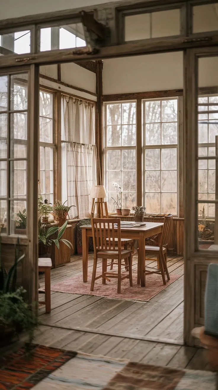 Sunlight streams through the aged windows of this rustic sunroom, illuminating the worn wooden floors and charmingly mismatched furniture. A sense of peaceful solitude pervades the space, enhanced by the potted plants and the soft glow of the lamp. This is where memories are made, and quiet moments are cherished.