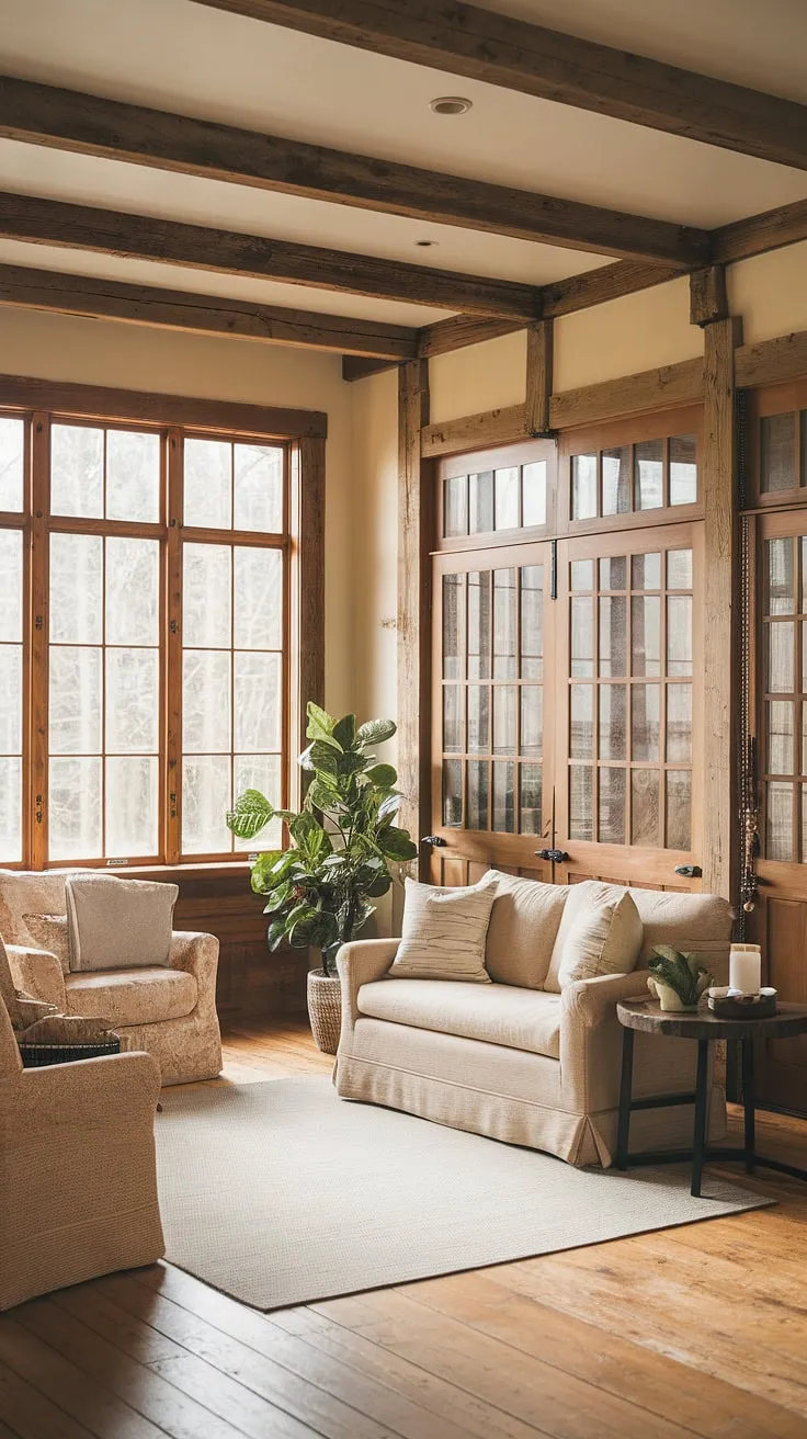 Find your peace in this rustic sunroom. A charming space filled with the comforting aroma of aged wood and the soft glow of natural light. The simple elegance of the furniture, the inviting textures, and the verdant touch of a potted plant all contribute to a sense of calm and serenity. A true sanctuary awaits.