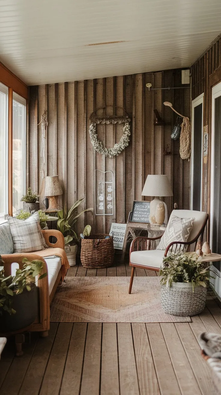 Sunlight streams into this rustic sunroom, illuminating the cozy furniture and creating a haven of peace. The worn wooden floors and comfortable seating invite you to relax and unwind, a perfect spot for quiet contemplation or lively conversation. A true escape.