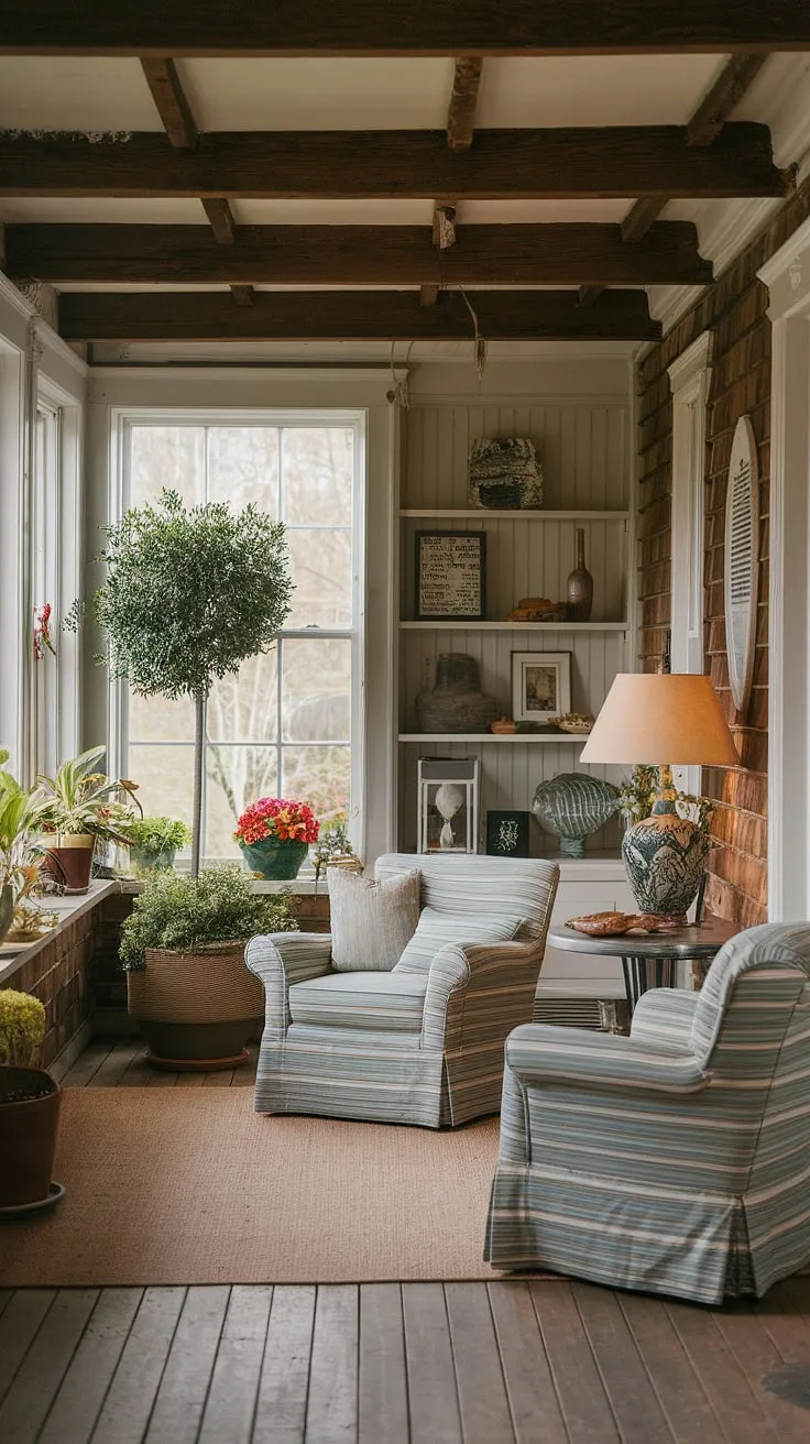 Sunlight streams through the aged windows of this rustic sunroom, illuminating the comfortable furniture and potted plants. The wooden beams and floors, along with the thoughtfully placed decorative items on the shelves, create a warm and inviting atmosphere perfect for relaxation. A haven of peace and tranquility awaits.