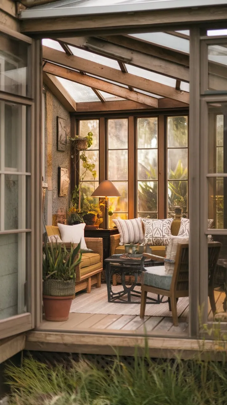 Sunlight streams into this rustic sunroom, illuminating the cozy furniture and potted plants. The aged wood and textured walls create a warm and inviting atmosphere, perfect for relaxing with a good book. A haven of peace and tranquility awaits.