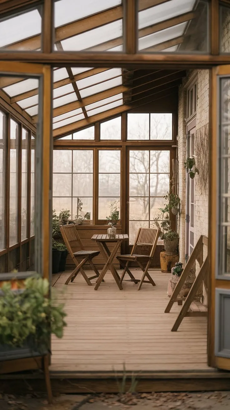 Sunlight streams into this rustic four-season sunroom, warming the aged wood and creating a haven of peace. The vintage charm, complete with a wooden table and chairs, potted plants, and a charming wooden rack, makes it the perfect spot for quiet contemplation or lively gatherings. A true testament to timeless design and comfortable living. A sanctuary found within the old house.