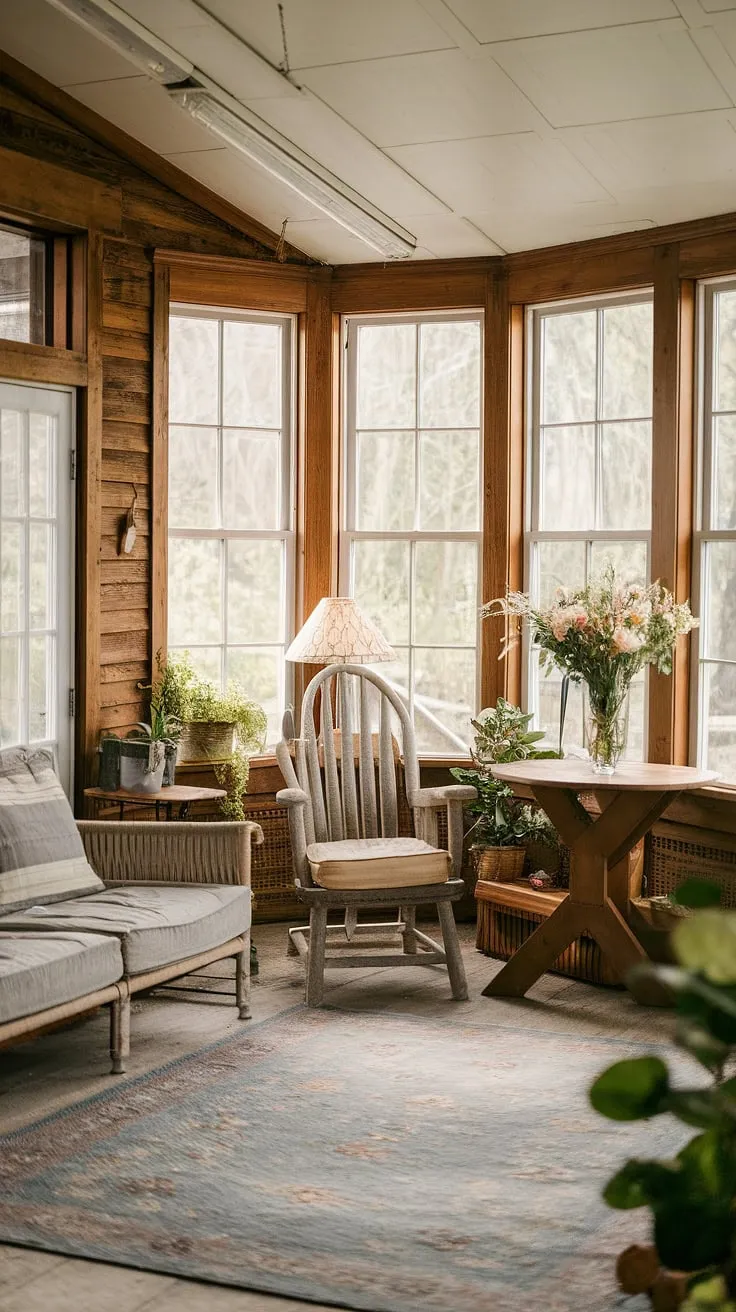 Sunlight streams through the aged wood of this rustic sunroom, illuminating cozy furniture and blooming flowers. A perfect spot for quiet contemplation and a warm cup of tea. The gentle glow enhances the room's inherent charm, creating a haven of peace.