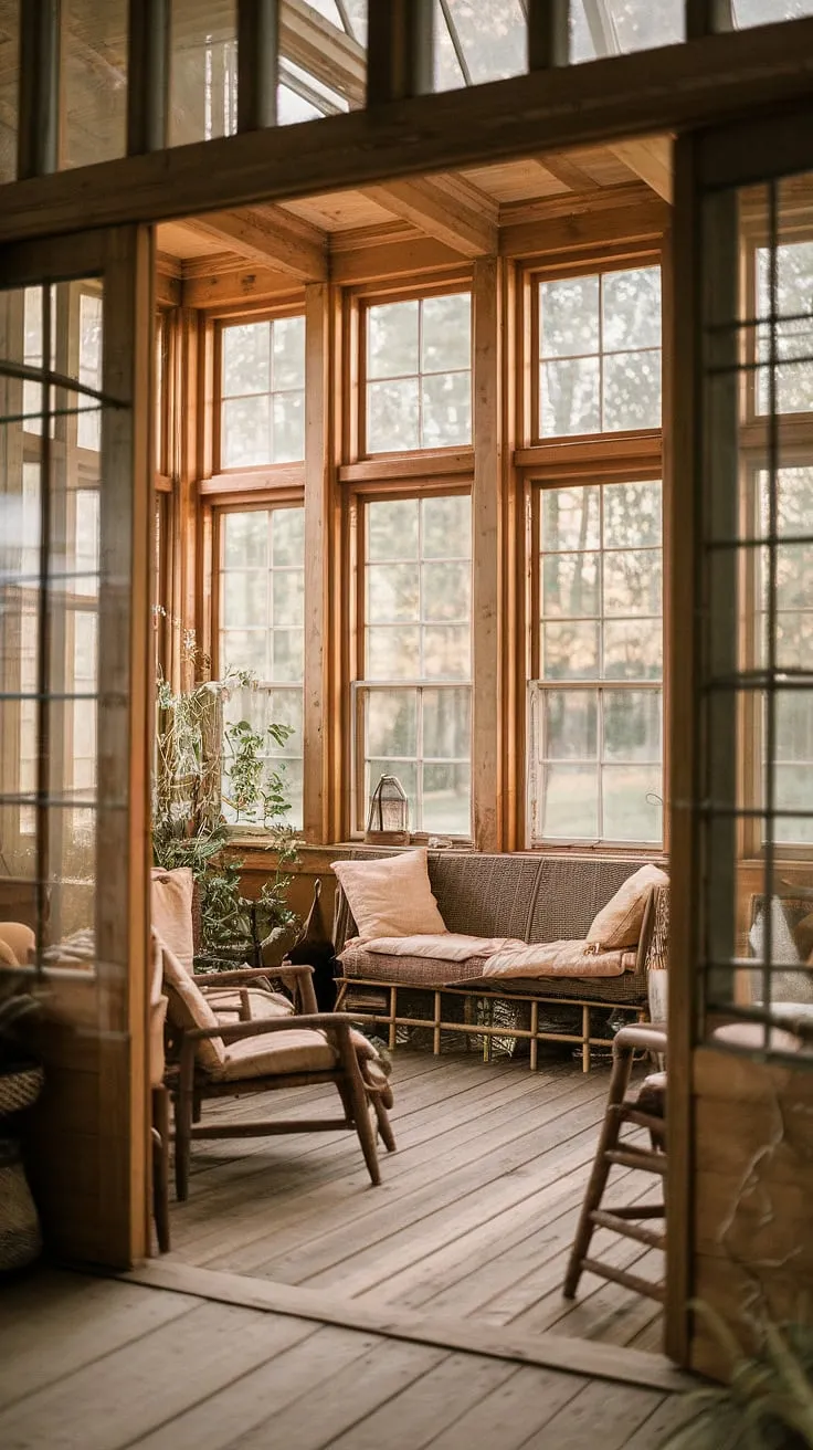 This sunroom, with its A-frame windows and worn wooden floors, whispers stories of generations past. A cozy retreat, filled with natural light and the comforting scent of aged wood, it's A place where memories are made.