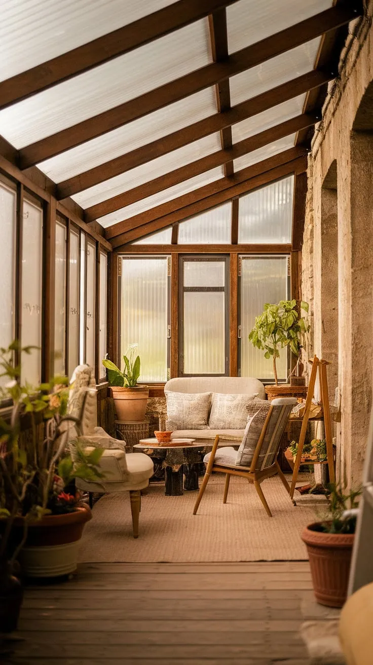 This sunroom, bathed in the warm glow of the afternoon sun, is a testament to simple elegance. The aged wood, stone columns, and comfortable seating create a haven of peace and tranquility. A truly inviting space to relax and unwind.