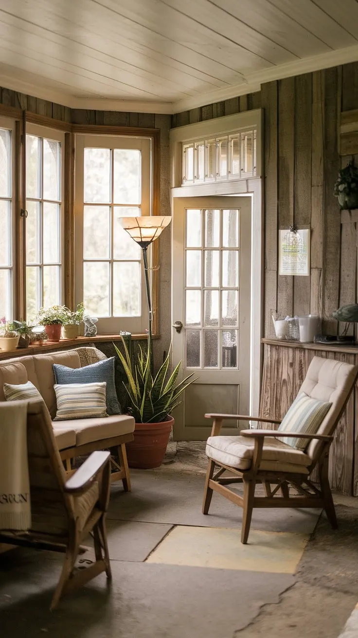 Sunlight streams into this rustic sunroom, warming the worn wood and comfortable furniture. A perfect spot for quiet contemplation, a good book, and the gentle sway of potted plants. A haven of peace, found within the aged walls of an old house.