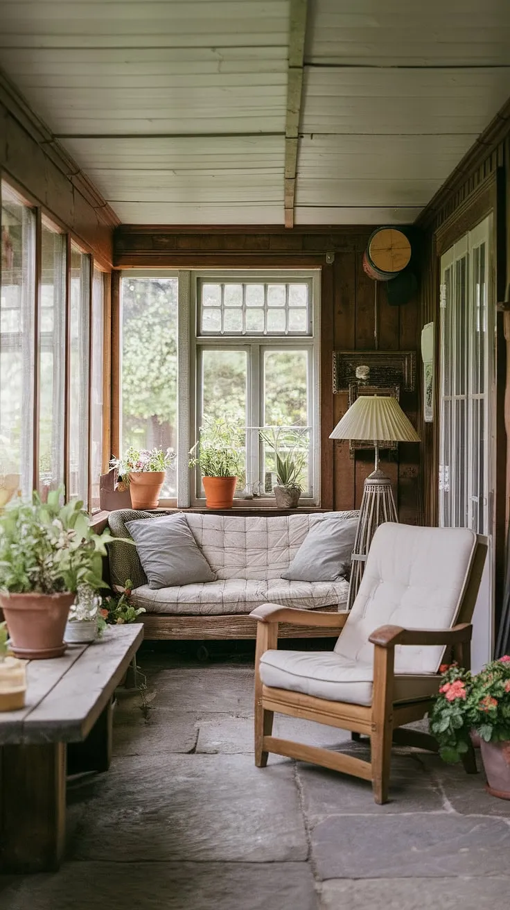 Sunlight streams through the aged wood of this rustic sunroom, illuminating comfortable furniture and potted plants. The stone floor and wooden walls create a cozy atmosphere perfect for quiet contemplation; a true sanctuary. A perfect spot for a quiet afternoon with a good book.