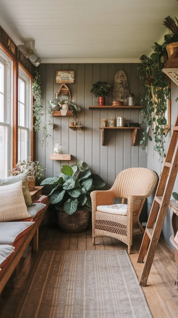 Sunlight streams through the windows of this rustic sunroom, illuminating the cozy wicker chair and wooden bench, perfect for a quiet afternoon with a good book. The warm, inviting ambiance is enhanced by the lush greenery and the charming wooden ladder leaning against the shelves, creating a space where relaxation and nature intertwine. A true sanctuary.