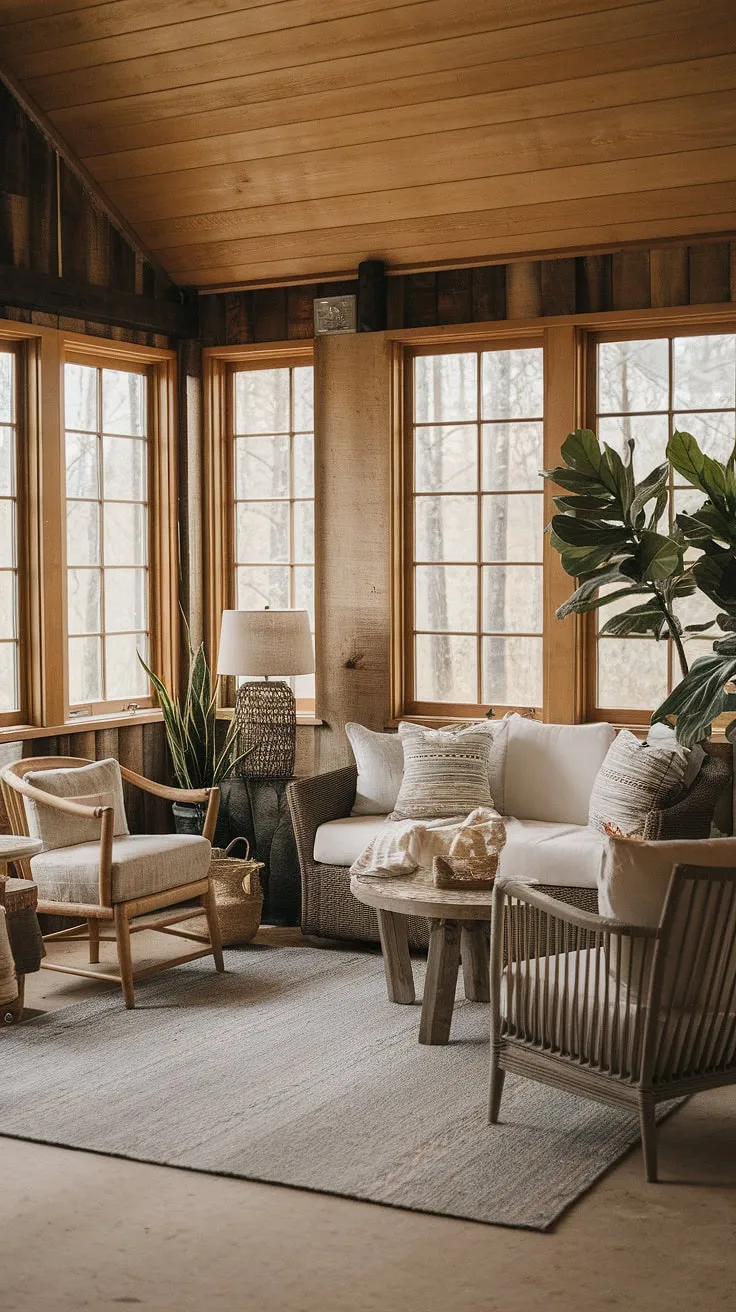Escape to this sun-drenched sanctuary, where the warmth of the wood-paneled walls and the soft glow of the lamp create an atmosphere of pure relaxation. Sink into the comfortable furniture, surrounded by the calming presence of nature, and let your worries melt away in this idyllic retreat.