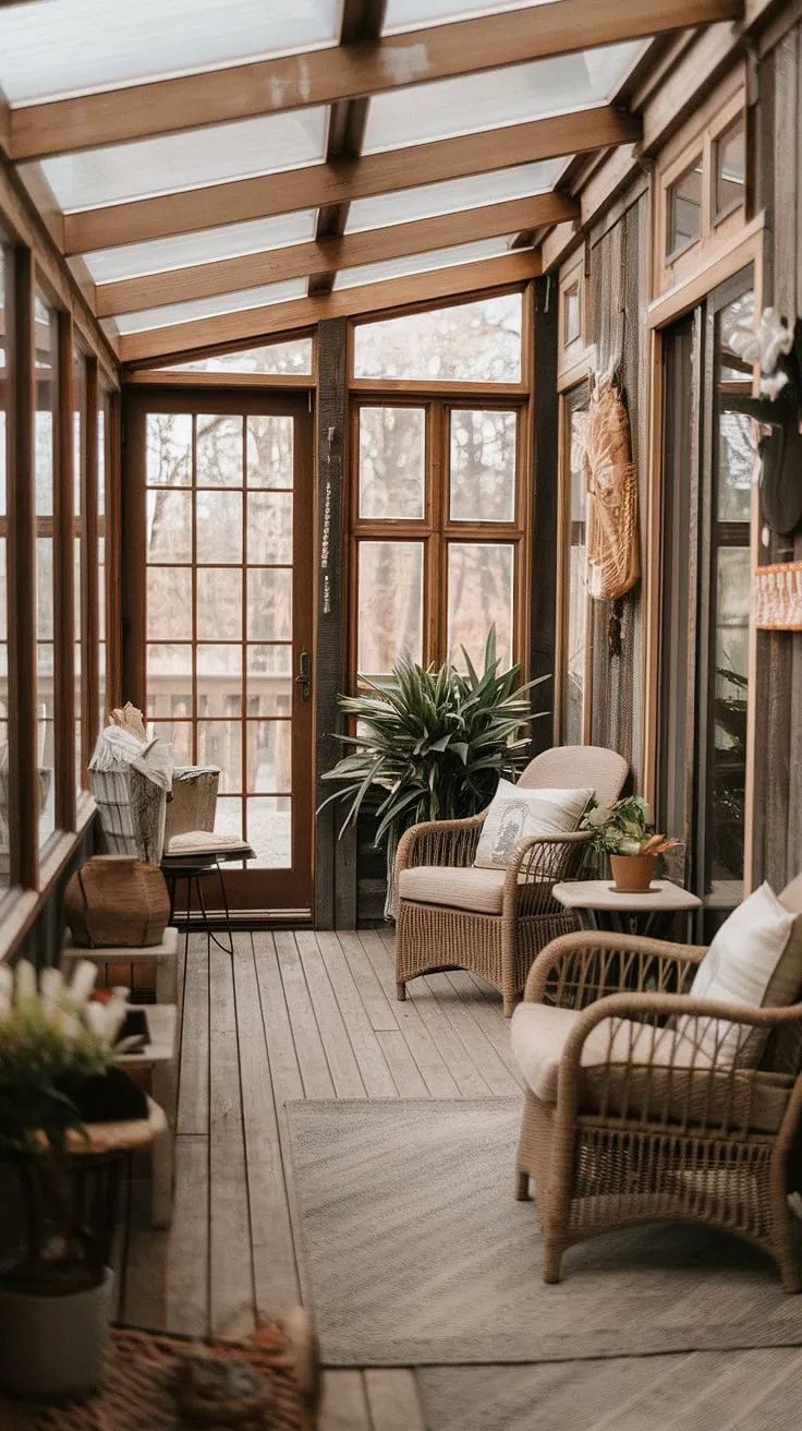 Find your peace in this sun-drenched haven. The rustic charm of the wooden walls and floors, combined with the comfortable seating and abundant natural light, creates a tranquil escape. A sanctuary for unwinding and enjoying life's simple pleasures.