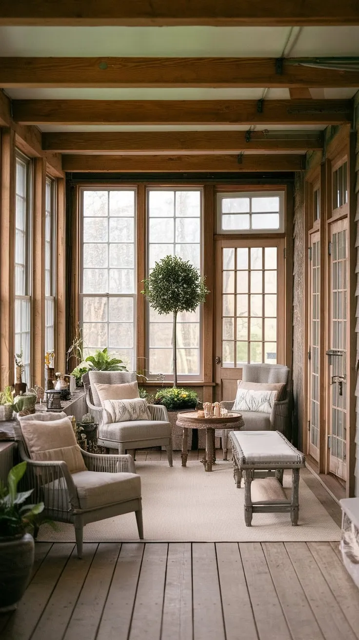 Step into a world of rustic charm and tranquility. This four-season sunroom, bathed in natural light, is a haven of peace. A cozy bench, comfortable chairs, and a leafy companion create a space where you can escape the everyday. A perfect blend of old-world elegance and modern comfort, it's a room designed for relaxation and rejuvenation.
