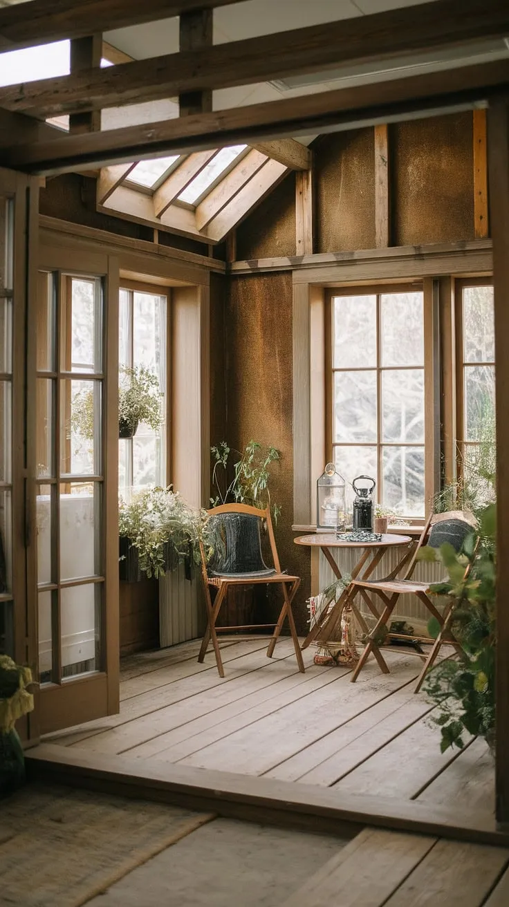 Sunlight streams through the aged wood of this rustic sunroom, illuminating the worn wooden planks underfoot and the cozy corner where two chairs await. A simple table holds a lantern and thriving plants, creating a peaceful haven. The weathered walls and exposed beams whisper tales of time passed, while the open door beckons to the world beyond. A perfect spot for quiet contemplation and a moment of peace.