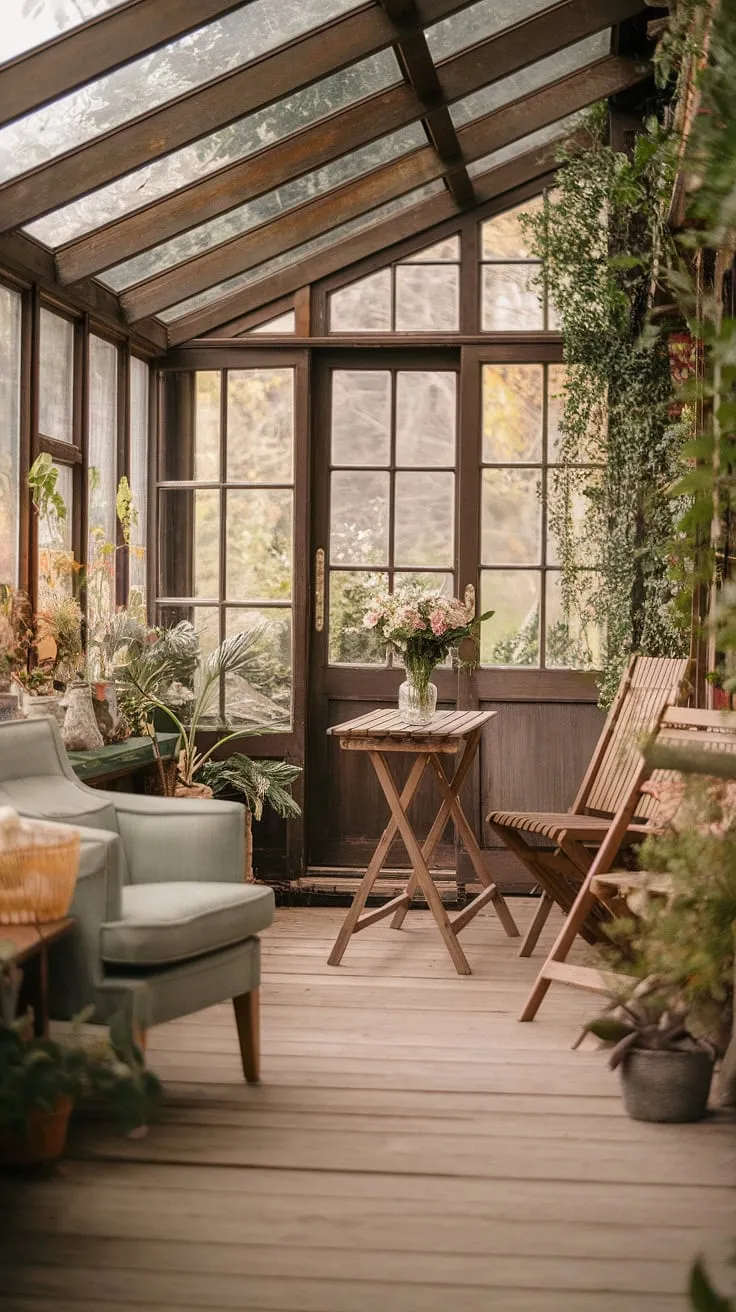 This rustic sunroom, bathed in golden light, is a testament to the beauty of age and nature's embrace. Comfortable furniture invites you to linger, while the surrounding greenery offers a sense of calm and rejuvenation. A true sanctuary for the soul.