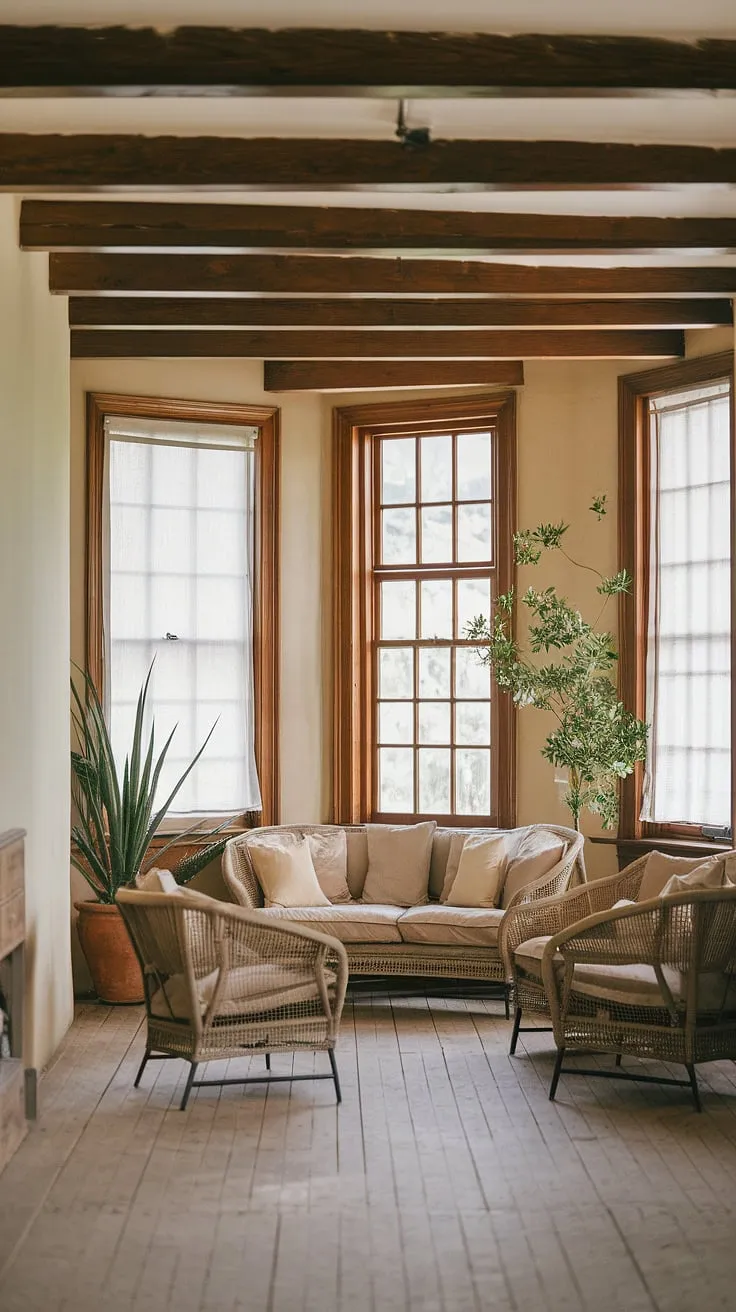 This sunroom, with its exposed wooden beams and creamy walls, whispers tales of a bygone era. A peaceful retreat, bathed in natural light, it offers a sanctuary from the outside world, a place to unwind and simply be.