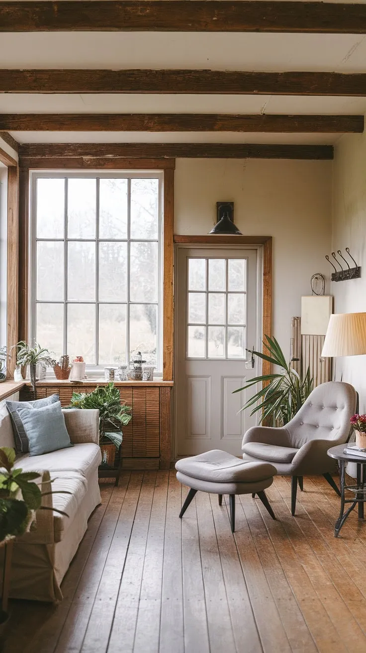 Sunlight streams through the large window of this rustic sunroom, illuminating the comfortable sofa and inviting armchair. The exposed wooden beams and warm tones create a cozy atmosphere perfect for relaxing with a good book and a cup of tea. This is my happy place, a sanctuary where I can unwind and reconnect.