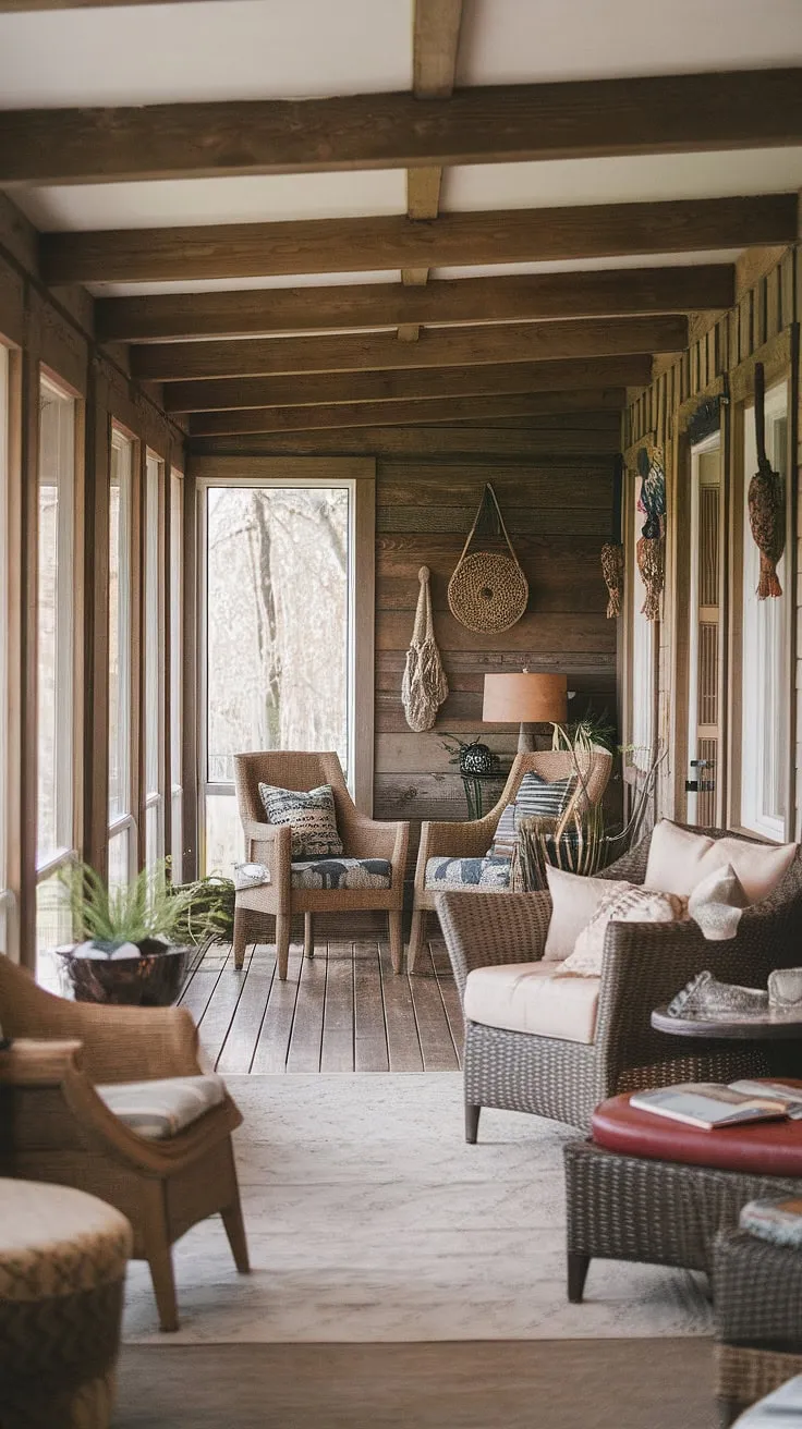 Sunlight streams through the windows of this rustic sunroom, illuminating the warm wood and comfortable furniture, creating the perfect spot for quiet contemplation and a peaceful relaxation.