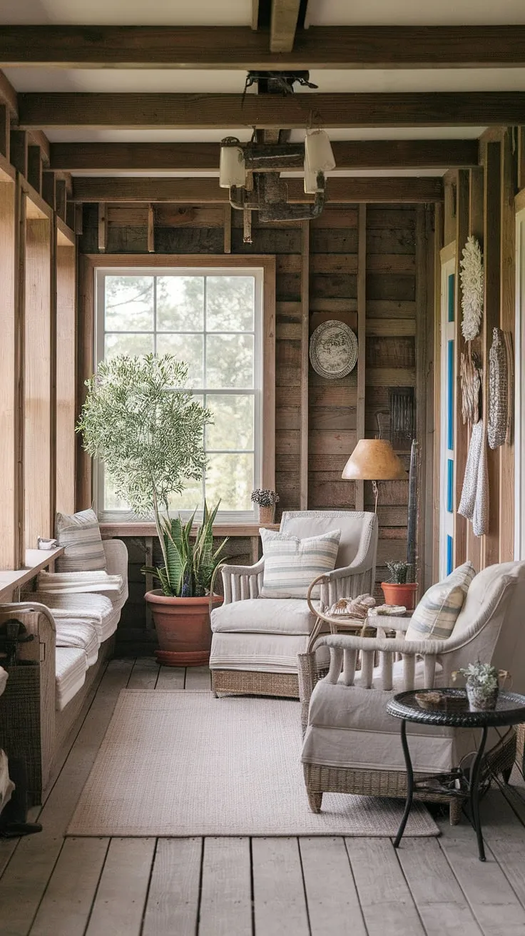Sunlight streams into this rustic sunroom, illuminating the worn wooden beams and comfortable furniture. A sense of peaceful retreat is created by the vintage lamp, the potted plant thriving near the window, and the charming decorative items adorning the walls. It's the perfect spot to unwind and enjoy a quiet moment.