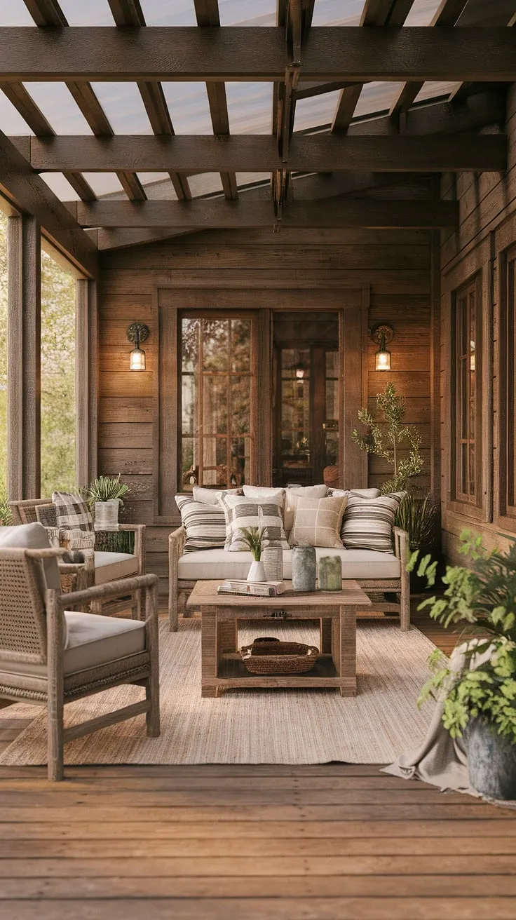 Escape the everyday in this cozy rustic sunroom, where warm lighting and comfortable furniture create the perfect haven for relaxation. The wooden walls and floors, combined with the inviting seating area, offer a tranquil retreat for unwinding and enjoying a peaceful moments.