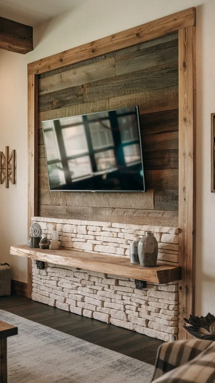 This striking TV wall feature beautifully blends the cozy warmth of wood with the raw elegance of stone, showcasing how natural elements can enhance modern living.