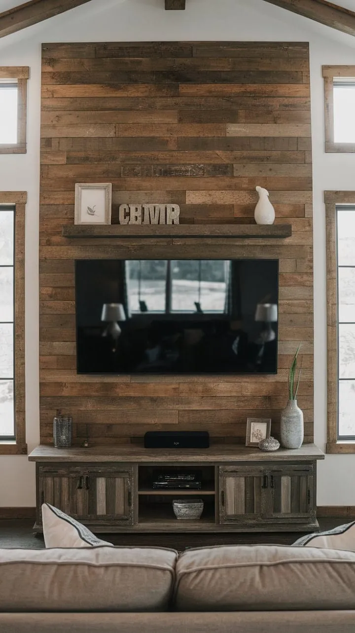 This handcrafted TV unit transforms the living space into a cozy haven, blending rustic charm with smart design while basking in the glow of natural light.