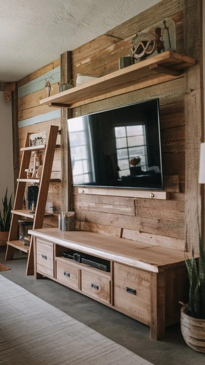 This rustic wood TV wall masterfully combines modern functionality with old-world charm, creating a warm and inviting focal point that celebrates the beauty of reclaimed wood.