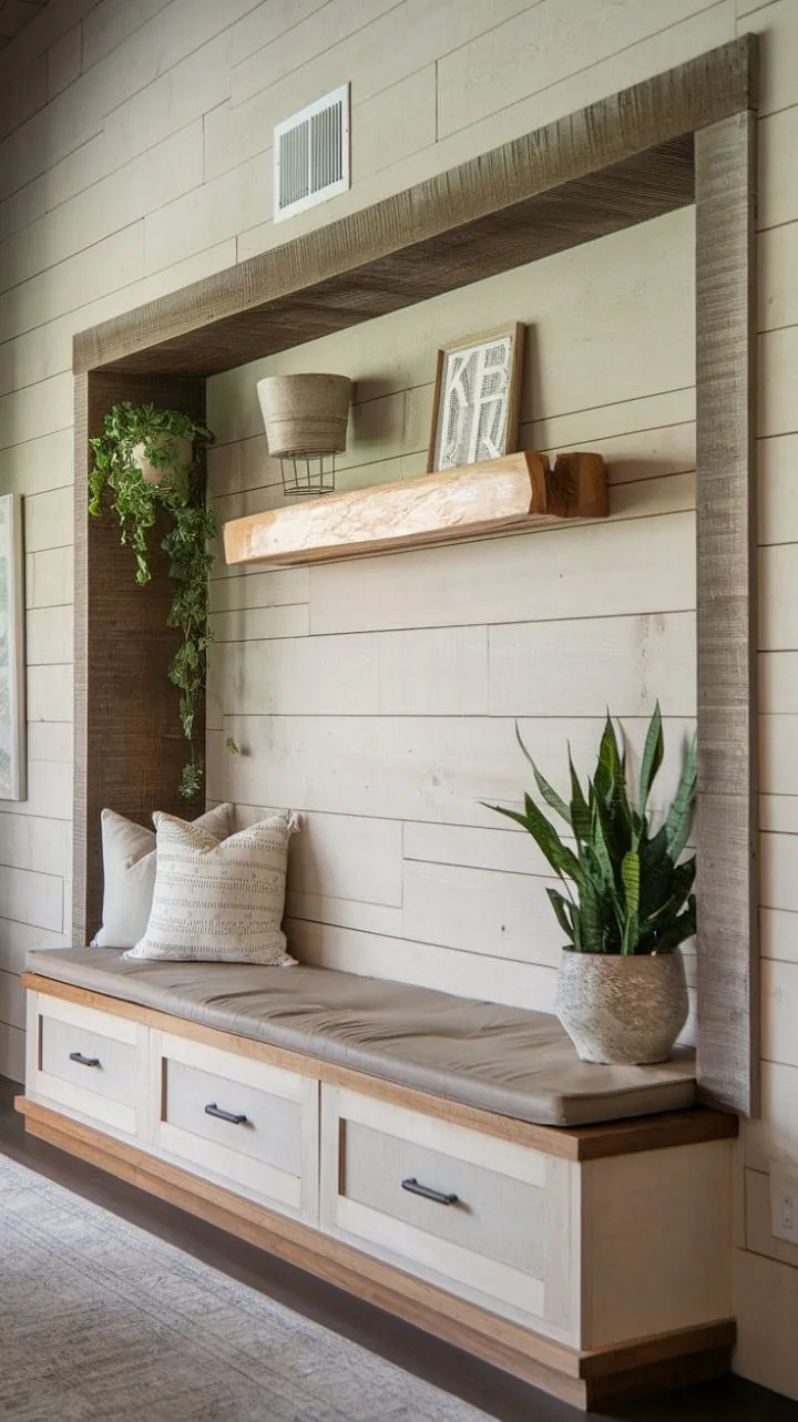 This handcrafted entertainment wall beautifully blends timeless design with functionality, featuring a wood-framed TV niche, floating shelf, and plush bench seating for a serene and stylish retreat.