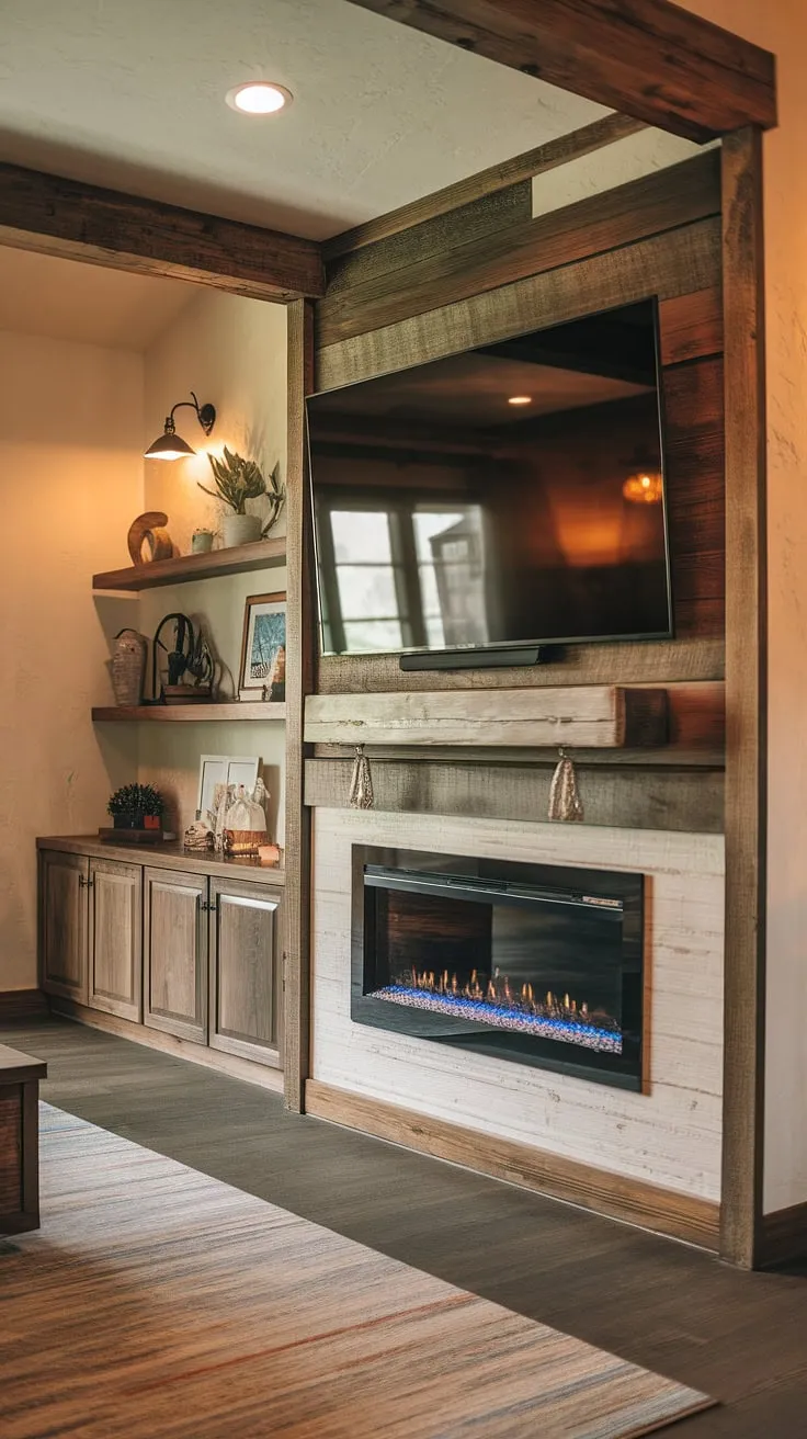 Cozy nights in are made for this rustic haven. The warmth of the fireplace complements the rich wood tones, creating the perfect atmosphere for movie nights and family gatherings. A stunning focal point, this entertainment wall seamlessly blends comfort and style.