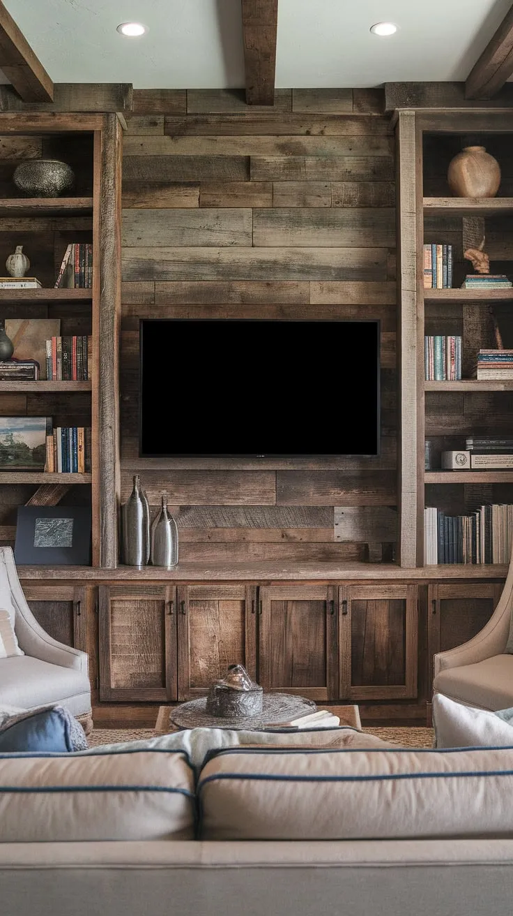 This rustic entertainment wall, crafted from reclaimed wood, perfectly blends rugged charm with cozy comfort. The built-in shelving, showcasing a curated collection of books and treasured objects, adds a touch of personality to the space, creating a warm and inviting atmosphere for movie nights and quiet evenings. The large, recessed TV area ensures the focus remains on the entertainment, while the overall design seamlessly integrates form and function.