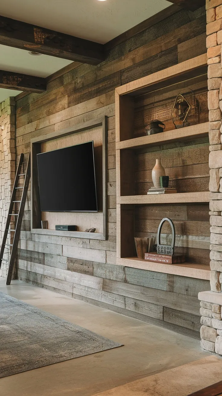 The perfect blend of rugged texture and refined style. A thoughtfully designed media wall, showcasing exposed beams and stone accents, provides ample storage and a striking backdrop for movie nights. The ladder adds a touch of unexpected A rustic elegance.