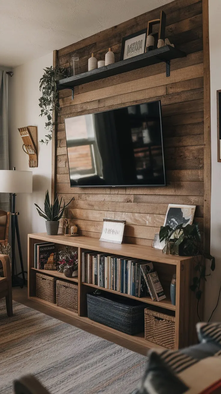 Cozy evenings spent nestled in front of the fire, a good book, and the warm glow of the TV-this rustic haven is the perfect blend of comfort and style. The wood-paneled accent wall adds a touch of natural beauty, while the eclectic bookshelf provides ample space for cherished memories and treasured items. A simple yet elegant space, perfect for unwinding.