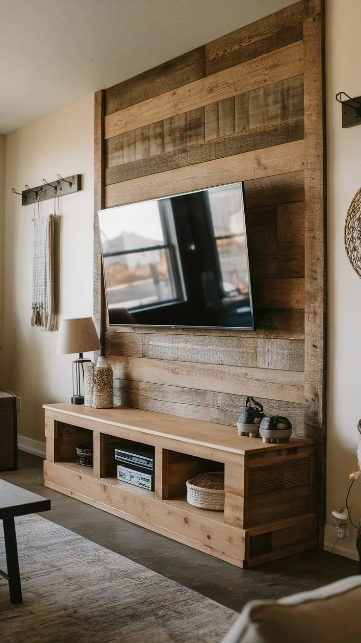 The heart of the home, beautifully crafted. This rustic TV wall, featuring a stunning wood accent and cleverly designed shelving, showcases a curated collection of cherished items. A testament to the power of thoughtful design, this space effortlessly blends functionality with a warm, inviting aesthetic. A space where memories are made and comfort reigns supreme.