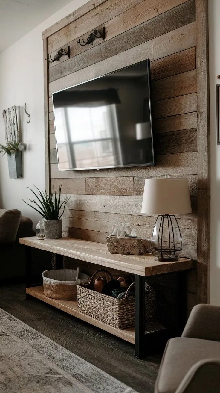 Rustic charm meets modern convenience. This wood-accented TV wall, complete with a shelf showcasing a curated collection of A treasured plants, a warm lamp, and a woven basket, creates a cozy and inviting atmosphere. The subtle imperfections, like the exposed nails and hook, add to its unique character.