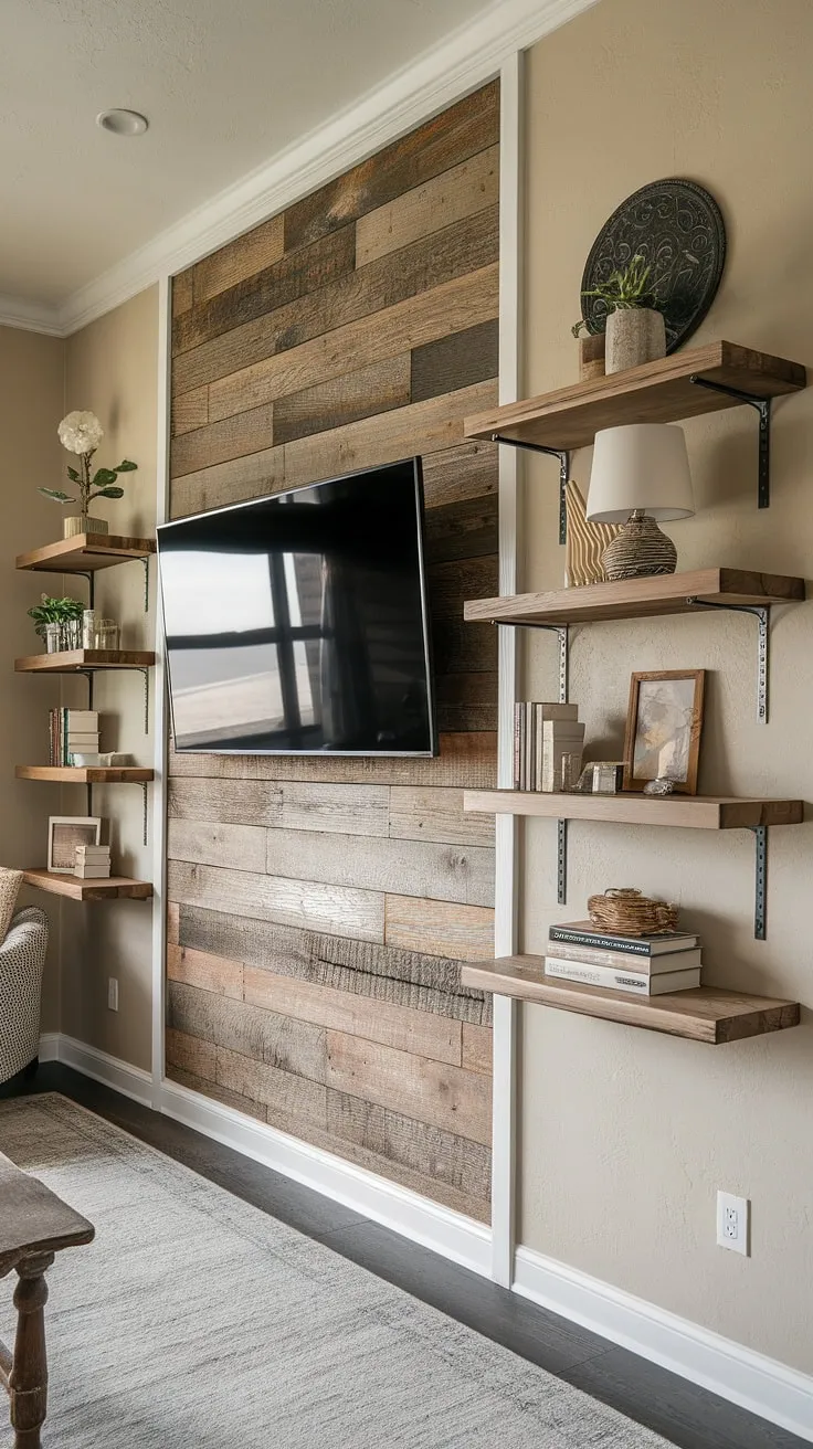 The perfect blend of rugged texture and understated elegance, this TV wall is a statement piece. A thoughtfully designed space, it seamlessly integrates functionality with style, showcasing a curated collection of books, plants, and A.