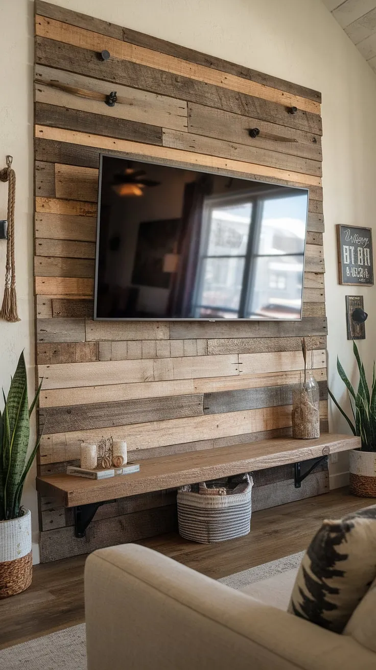 Rustic charm meets modern convenience. This wood-paneled TV wall, complete with a shelf showcasing carefully curated décor, seamlessly blends warmth and functionality. The added rope and nails hint at a story waiting to be told, while the beige sofa and lush greenery create a cozy and inviting atmosphere. A perfect blend of textures and styles for a truly unique living space. A testament to thoughtful design and a love for the handcrafted.