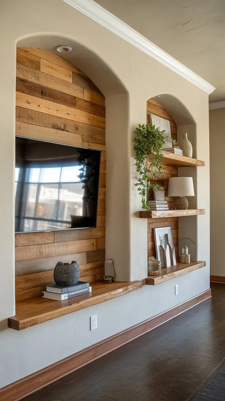 Rustic charm meets modern convenience. This wood-paneled TV wall, complete with built-in shelving and a warm beige backdrop, creates a cozy and inviting atmosphere. The carefully curated collection of books, plants, and a lamp adds a touch of personality, showcasing a thoughtfully designed space. A perfect blend of form and function.