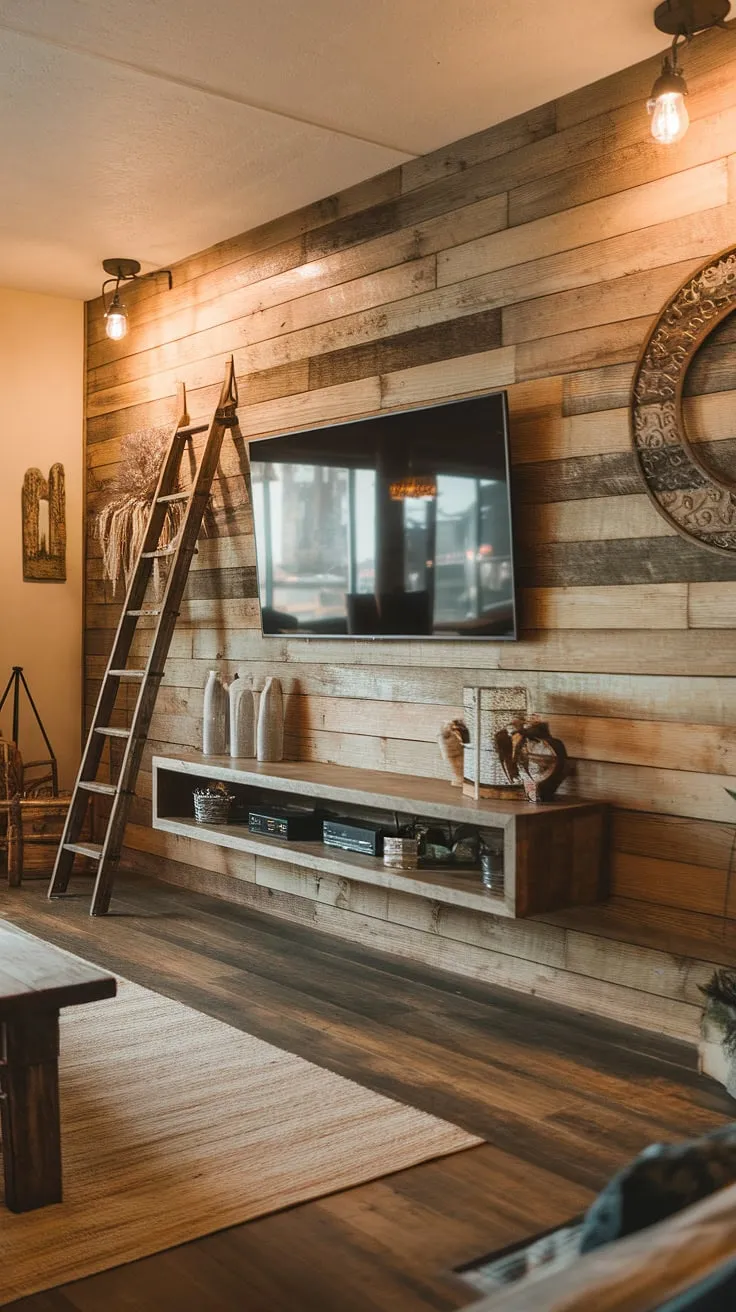 Rustic charm meets modern convenience in this entertainment space. The warm lighting and wooden accents, including the striking TV accent wall and floating shelf, create a cozy atmosphere perfect for movie nights. A leaning ladder adds a touch of unexpected character, showcasing the room's unique blend of a style and functionality.