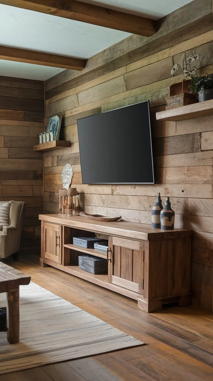 The heart of the home. This rustic entertainment center, built with a rich wood tones and thoughtful design, offers both functional storage and a stunning focal point, perfectly complementing the comfortable seating area.