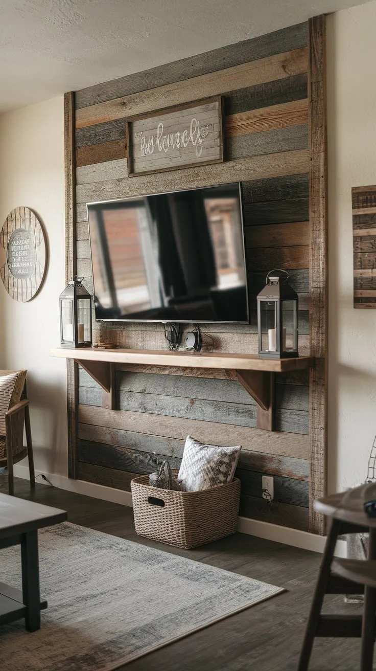 Rustic charm meets modern convenience. This wood-accented TV wall, complete with a built-in shelf and storage, creates a cozy and functional entertainment space. The warm lighting and carefully chosen décor, including a lantern and wooden sign, add to the inviting atmosphere. A perfect blend of style and practicality.