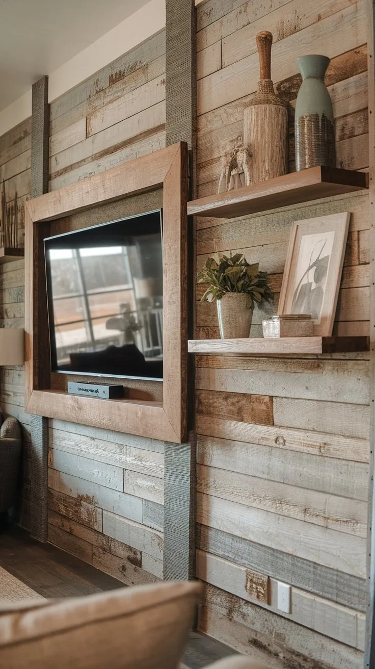 This handcrafted TV wall unit is the heart of this living room. The reclaimed wood and unique design add character and warmth, while the built-in shelves provide ample space for displaying cherished items. The aged texture and subtle imperfections tell a story, creating a space that's both stylish and inviting. A true testament to the beauty of rustic design.