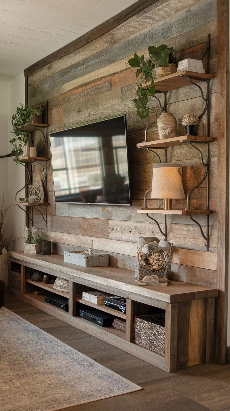 The textured wood of this feature wall anchors the room, its weathered beauty a striking contrast to the sleek TV nestled within. Flanked by shelves displaying a curated collection of personal items, it's a space where rustic charm meets modern convenience, a perfect blend of style and functionality.