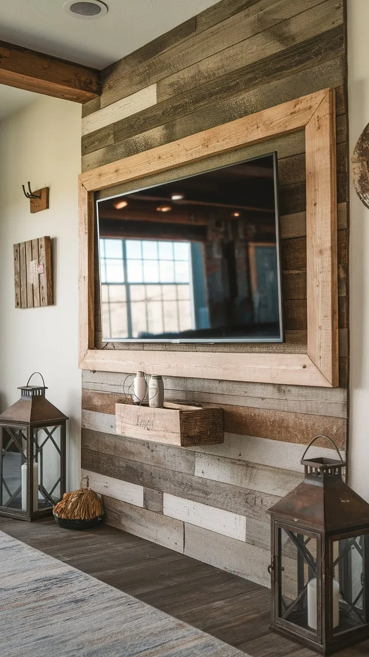 Rustic charm meets modern convenience. This wood-paneled TV wall, complete with a handcrafted frame and thoughtfully placed accents, creates a cozy and inviting atmosphere. The warm tones of the wood and the subtle details, like the old nails and lantern, tell a story of lived-in comfort. A perfect blend of old and new.