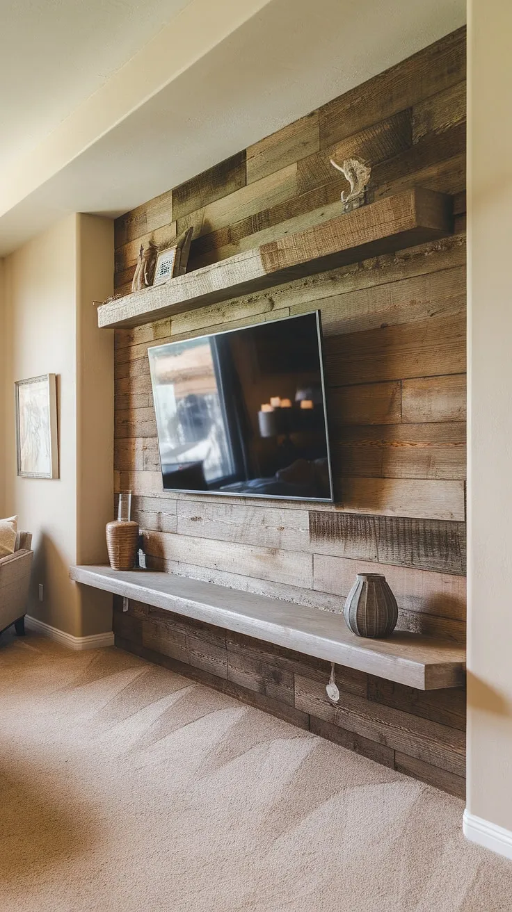Rustic charm meets modern convenience. This built-in TV unit, nestled within a reclaimed wood accent wall, adds warmth and character to the space. The imperfect details, like the subtle gaps in the wood, only enhance its unique appeal. A perfect blend of style and functionality.