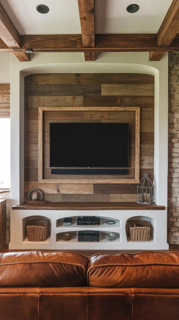 The heart of the home, beautifully crafted. This rustic entertainment center, featuring a stunning wood accent wall and built-in shelving, seamlessly integrates style and functionality. The warm wood tones and exposed brick create a welcoming ambiance, while the thoughtful design ensures ample storage for all your media needs. A testament to the beauty of handcrafted details.