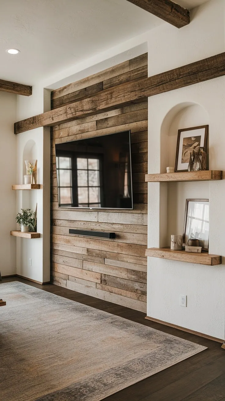 Rustic charm meets modern convenience in this cozy living space. The wood-accented TV wall, complete with built-in shelving, creates a focal point that perfectly blends warmth and functionality. A perfect example of how to seamlessly integrate a into a rustic design.