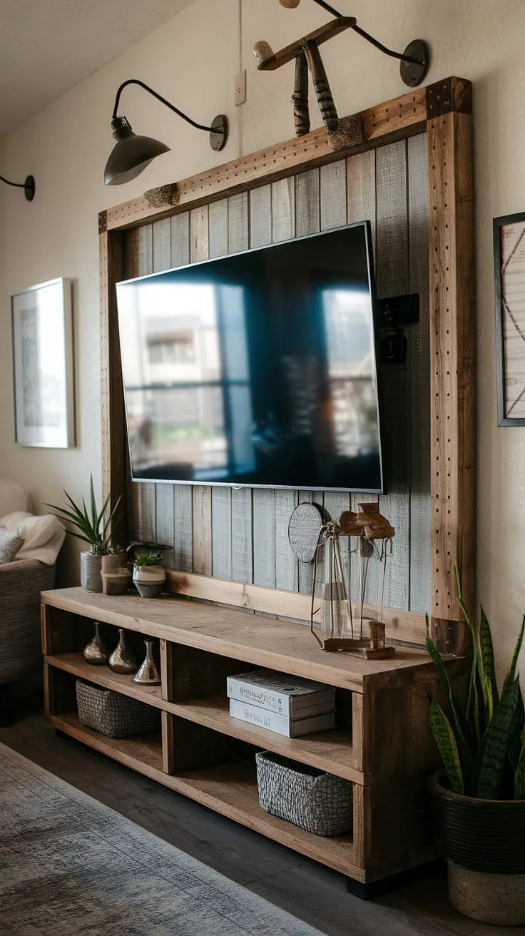 Rustic charm meets modern convenience. This entertainment wall, complete with a large TV nestled in a handcrafted wooden frame and accented by a thoughtfully curated collection of plants, lamps, and decorative pieces, creates a warm and inviting atmosphere. The added details, like the exposed nails and picture frame, enhance the lived-in feel, showcasing a unique blend of textures and styles. A perfect example of how to seamlessly integrate technology into a cozy, rustic space.