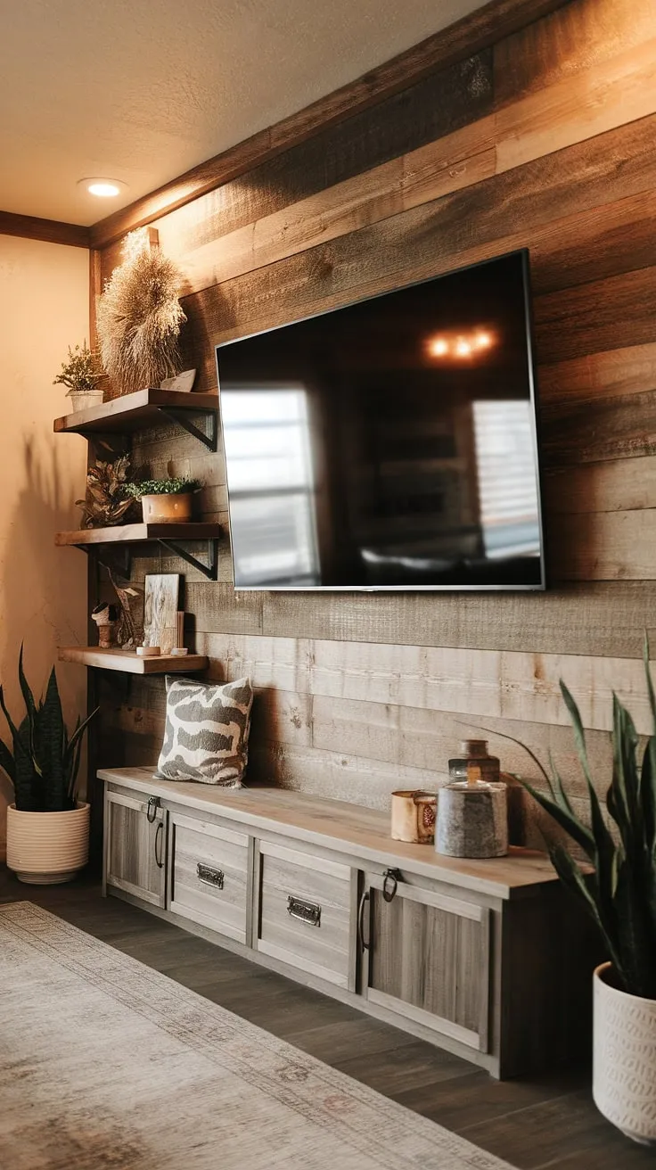 Warm lighting and natural textures define this inviting entertainment space. The striking wood accent wall provides a rich backdrop for the flat-screen TV, while the carefully chosen décor, including potted plants and decorative items, adds layers of visual interest and a sense of home. A perfect blend of rustic and contemporary design.