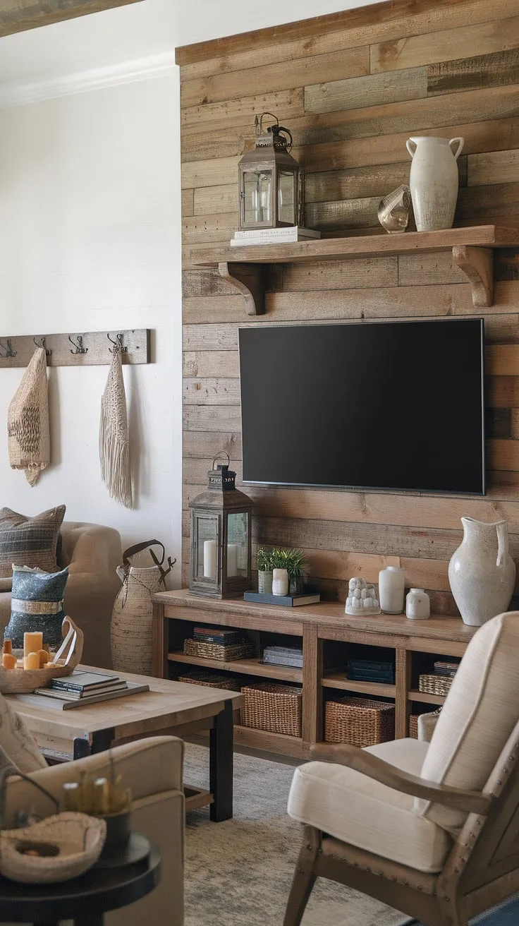 This living room's centerpiece, a stunning rustic wood TV wall, seamlessly blends functionality with style. The carefully chosen décor, from the antique lantern to the stacked books, creates a cozy and inviting atmosphere. It's a space designed for relaxation and connection.